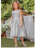 Cute Gray Lace Tulle Tea Length Flower Girl Dress